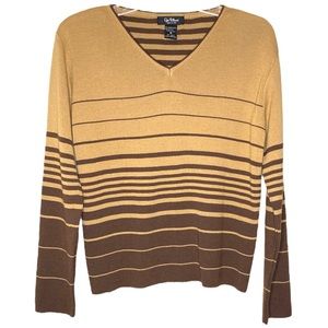 Gio Villani Tan Brown Striped Merino Wool V-Neck Sweater Italy Size Medium